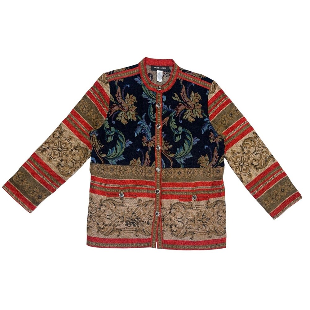 Vtg Sag Harbor Tapestry Jacket Womens Plus 16 Red Floral Button Front Boho Artsy
